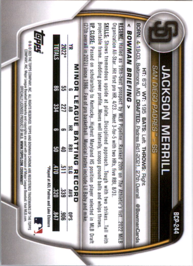 Selección de tarjeta de béisbol Bowman Chrome Prospects 2023 (base) - Imagen 426 de 438