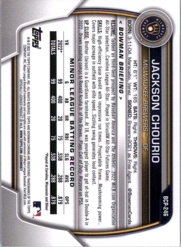 Selección de tarjeta de béisbol Bowman Chrome Prospects 2023 (base) - Imagen 430 de 438