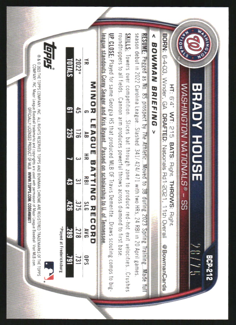 2023 Bowman Chrome Prospects Yellow Refractors #BCP212 Brady House