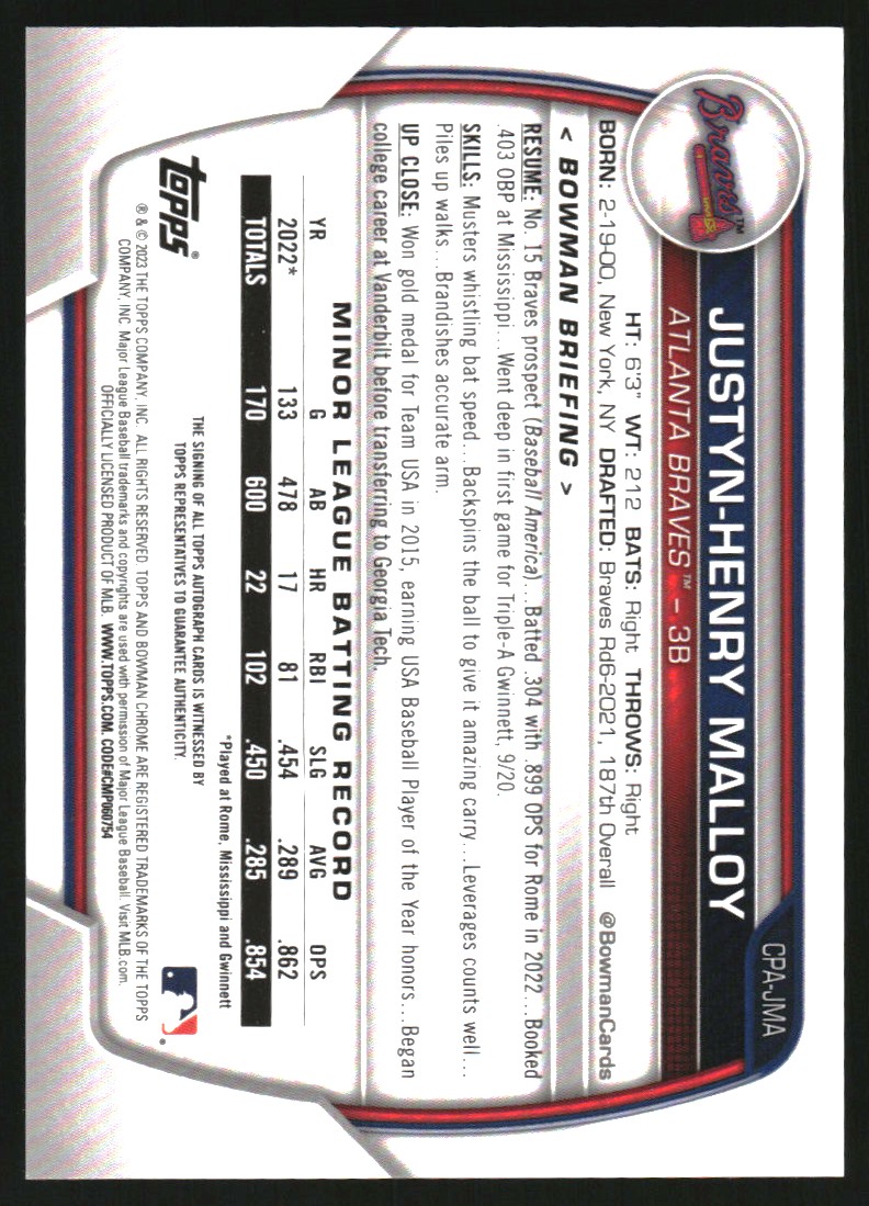 2023 Bowman Chrome Prospect Autographs #CPAJMA Justyn-Henry Malloy