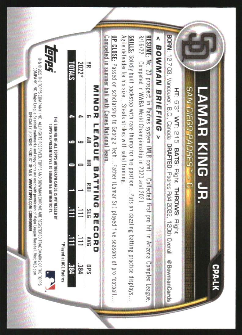 2023 Bowman Chrome Prospect Autographs #CPALK Lamar King Jr.