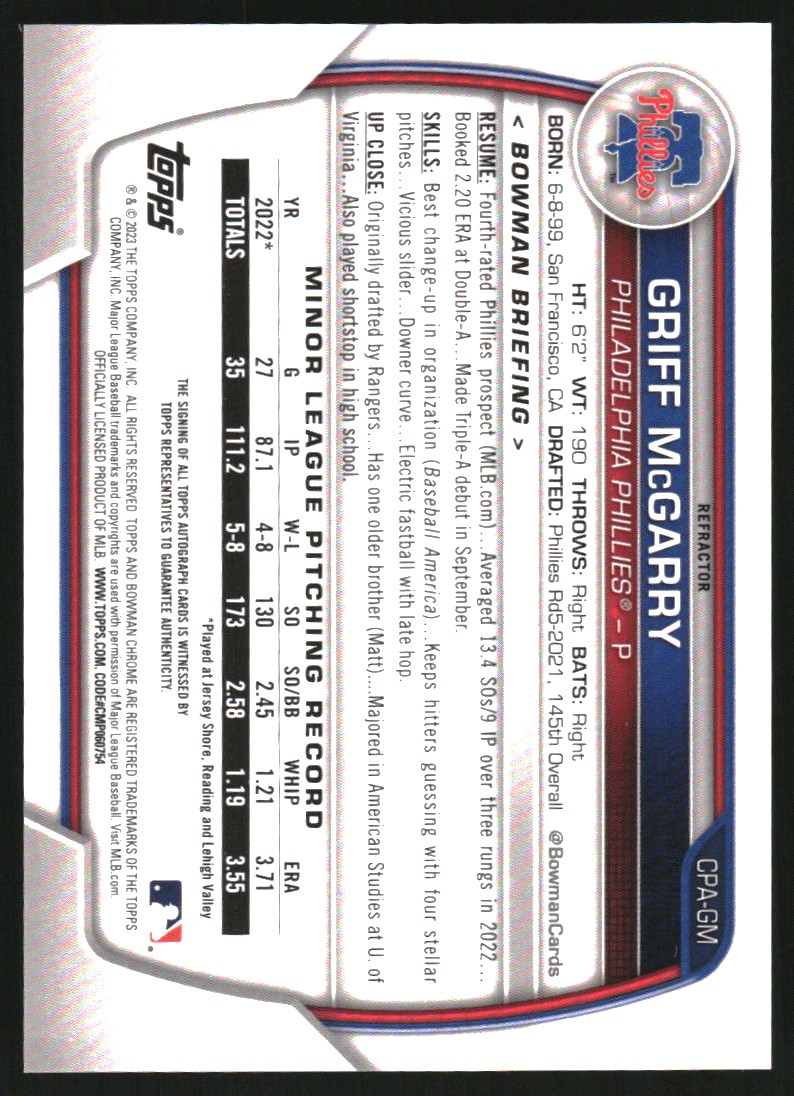 2023 Bowman Chrome Prospect Autographs Refractors #CPAGM Griff McGarry