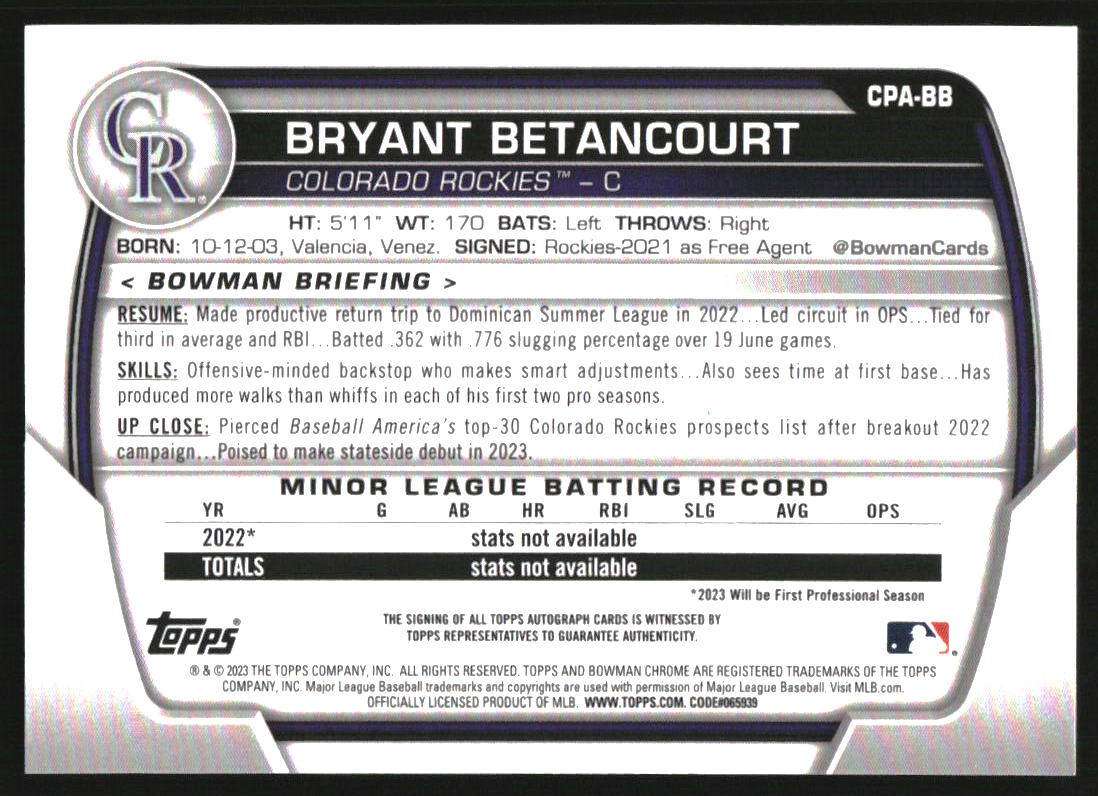 2023 Bowman Chrome Prospect Autographs Blue RayWave Refractors #CPABB Bryant Betancourt