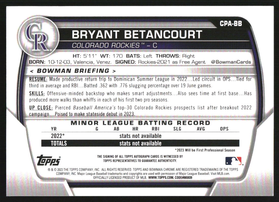 2023 Bowman Chrome Prospect Autographs Green Lava Refractors #CPABB Bryant Betancourt