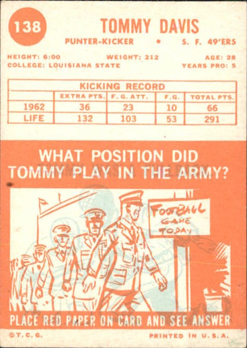 1963 Topps #138 Tommy Davis 49ers EX G64256 back image