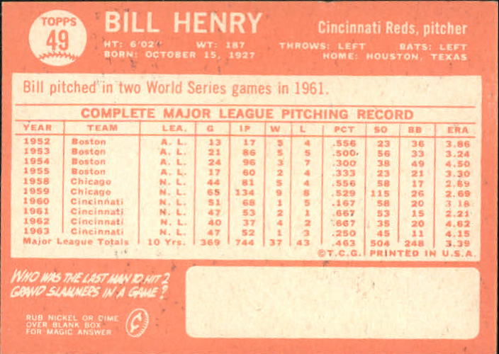 1964 Topps #49 Bill Henry Reds EX G67119 back image