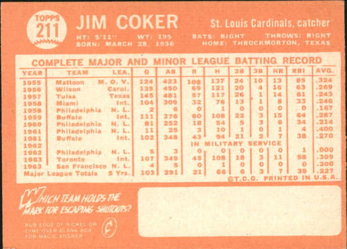 1964 Topps #211 Jim Coker Cardinals EX G67187 back image