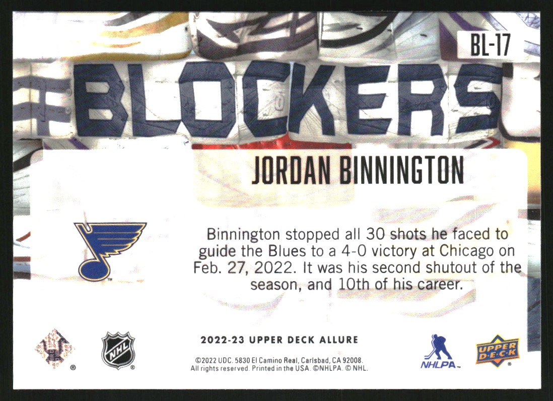 2022-23 Upper Deck Allure Blockers #BL17 Jordan Binnington