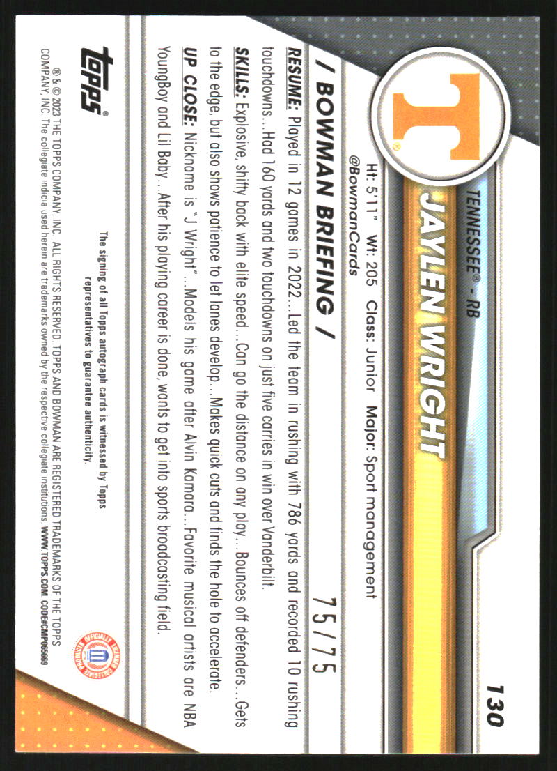 2023 Bowman Chrome University Autographs Yellow Refractors #130 Jaylen Wright Auto /75