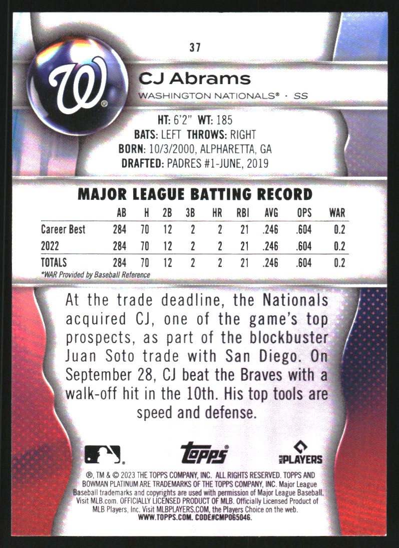 2023 Bowman Platinum Ice Foil #37 CJ Abrams