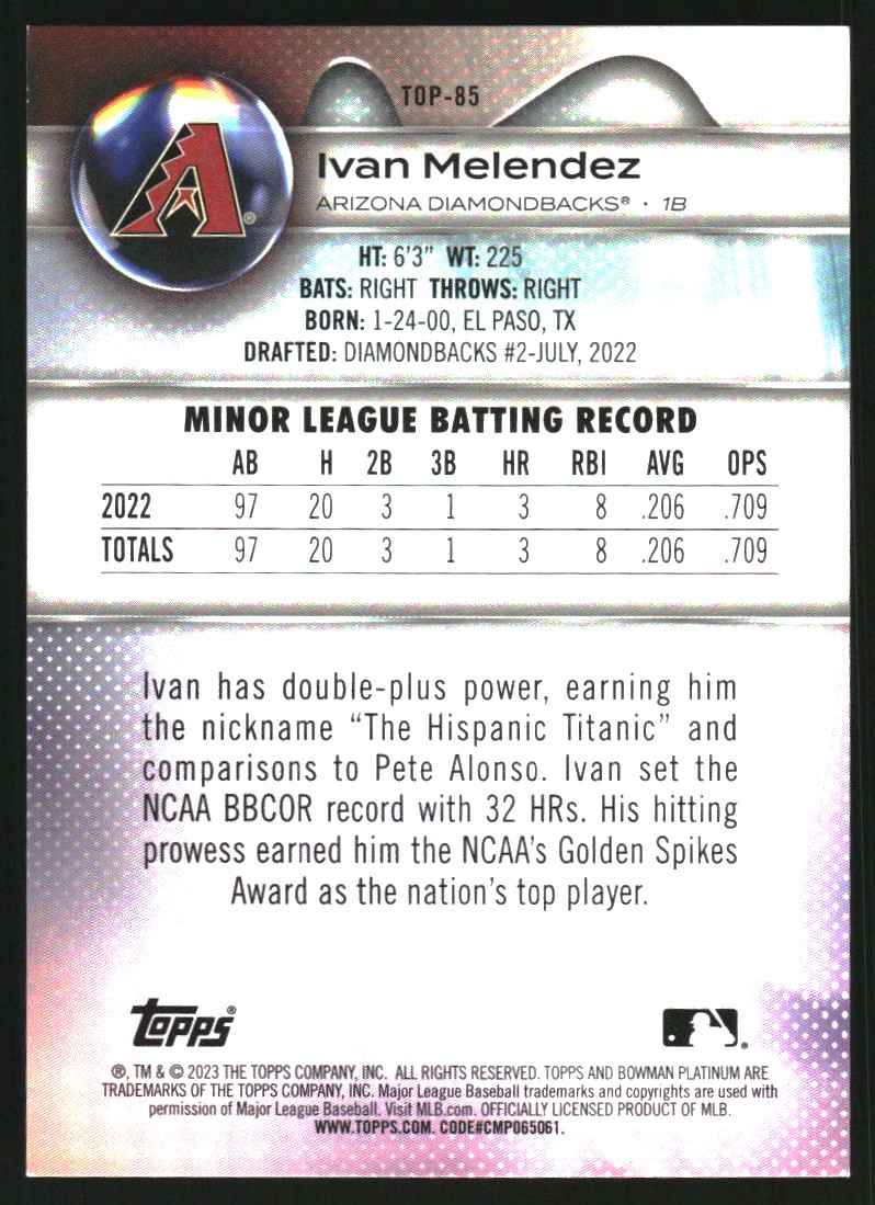 2023 Bowman Platinum Top Prospects Orange #TOP85 Ivan Melendez