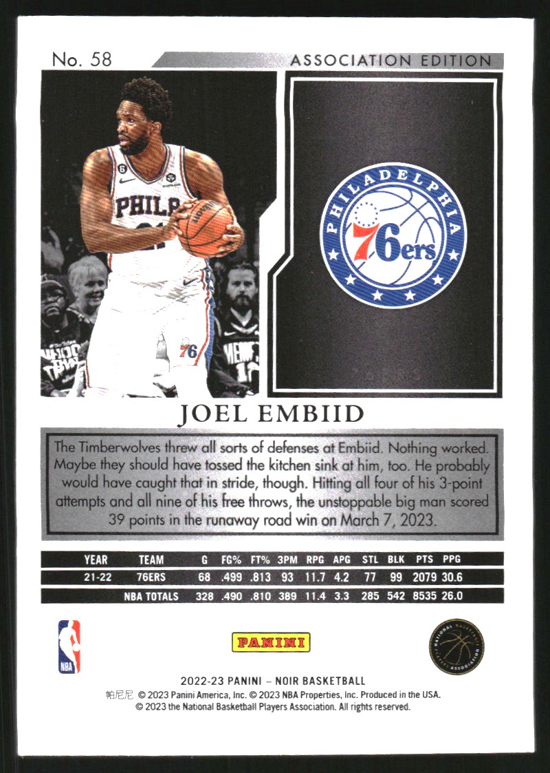 2022-23 Panini Noir #58 Joel Embiid A