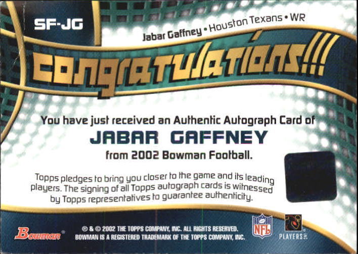 2002 Bowman Signs of the Future #SFJG Jabar Gaffney C back image