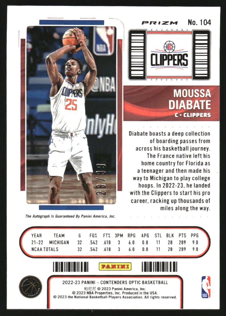 2022-23 Panini Contenders Optic Red #104 Moussa Diabate AU