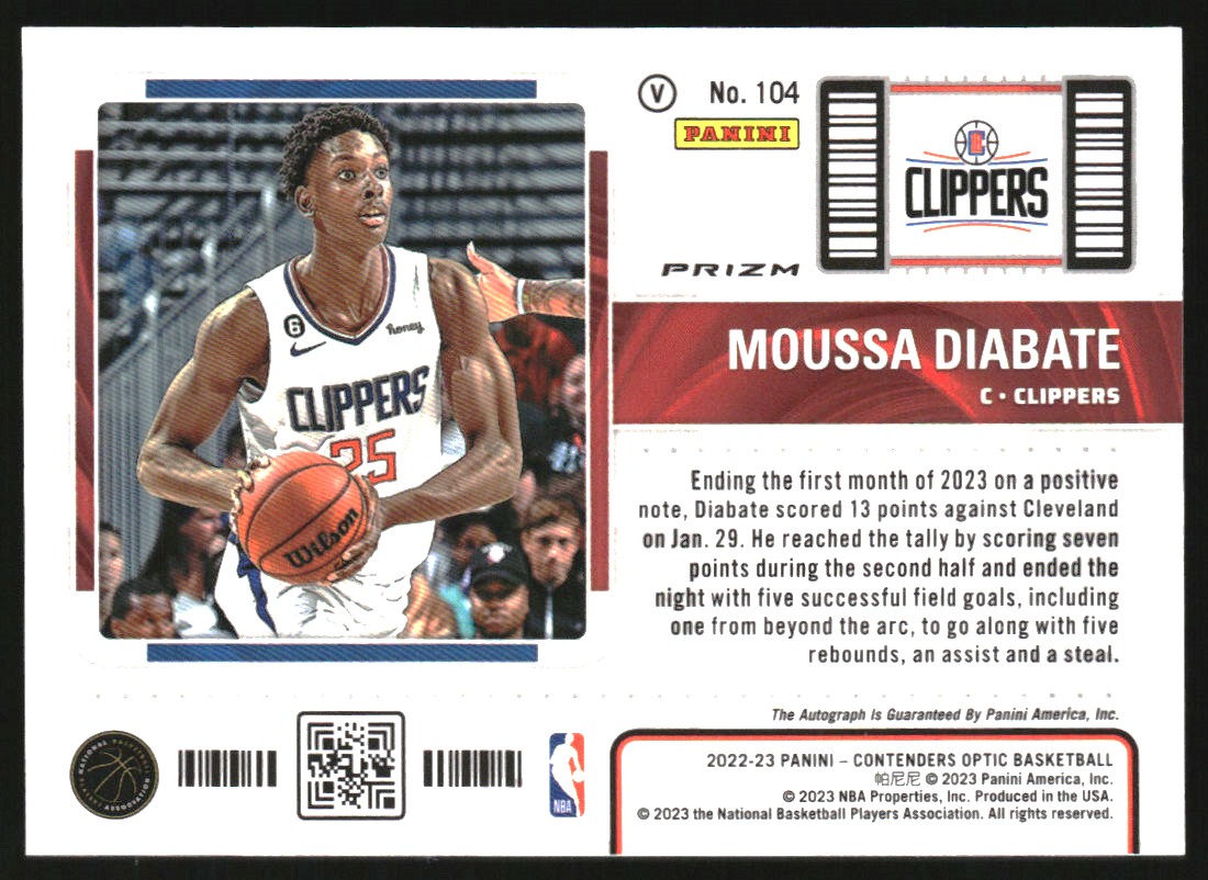 2022-23 Panini Contenders Optic Variations Red Wave #104 Moussa Diabate AU