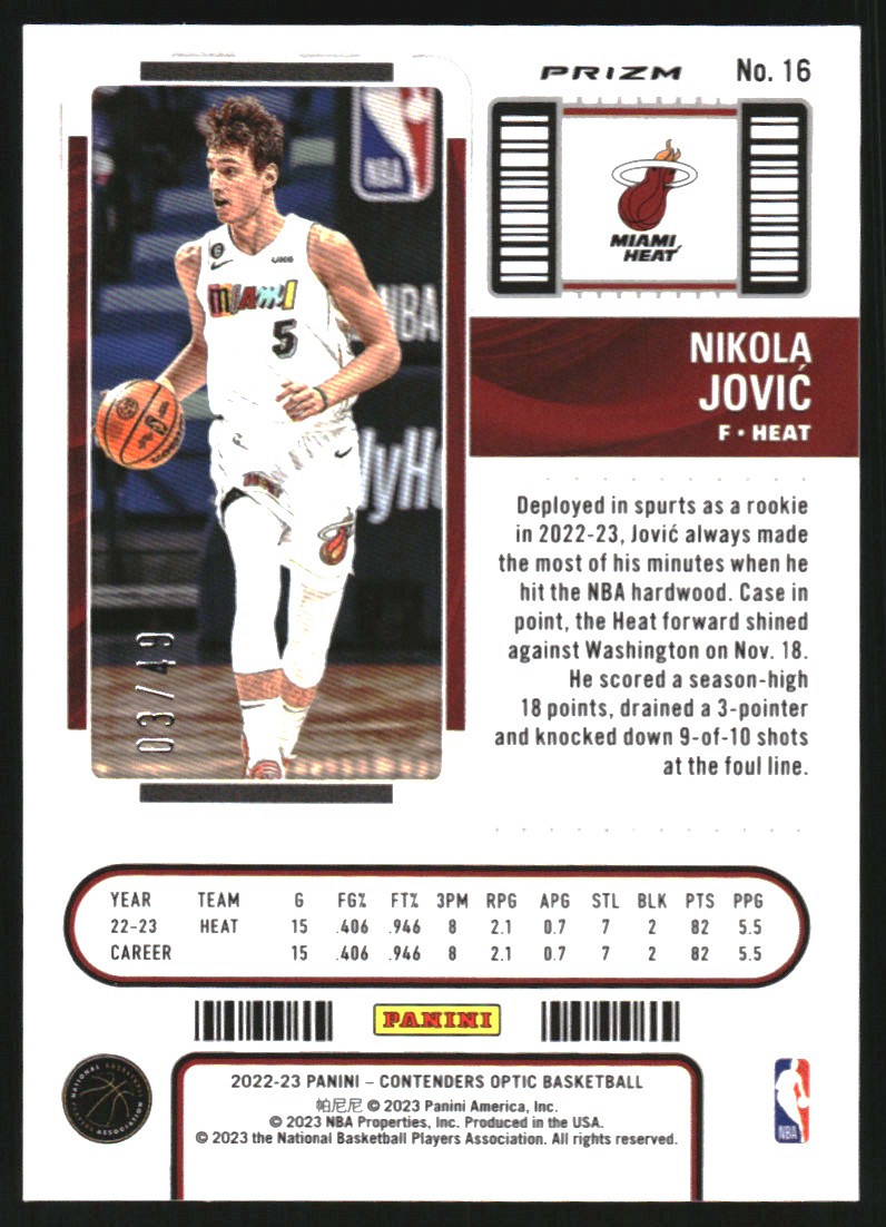 2022-23 Panini Contenders Optic Rookies Orange #16 Nikola Jovic