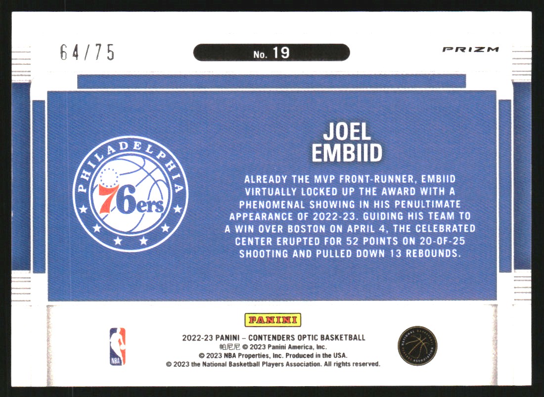 2022-23 Panini Contenders Optic Suite Shots Blue Cracked Ice #19 Joel Embiid