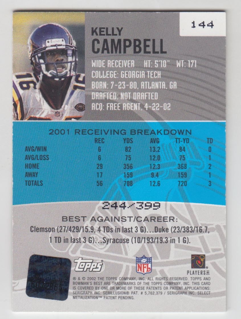 2002 Bowman's Best Blue #144 Kelly Campbell AU