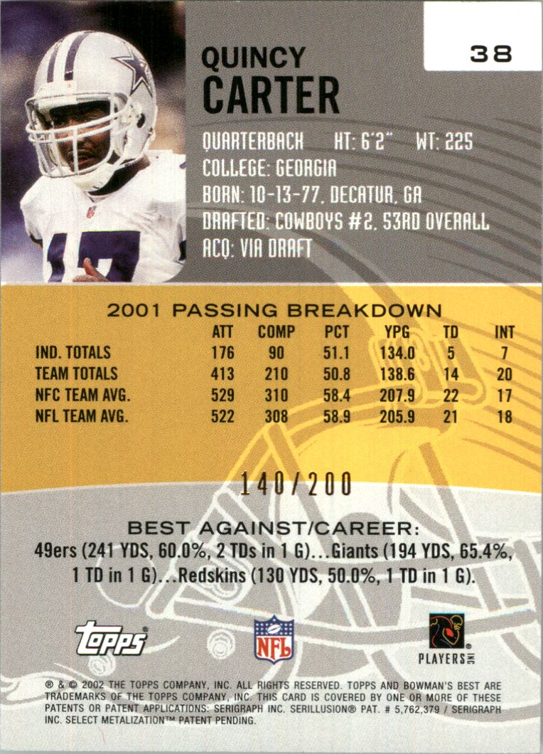 2002 Bowman's Best Red #38 Quincy Carter back image