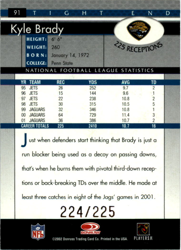2002 Donruss Stat Line Career #91 Kyle Brady/225 back image