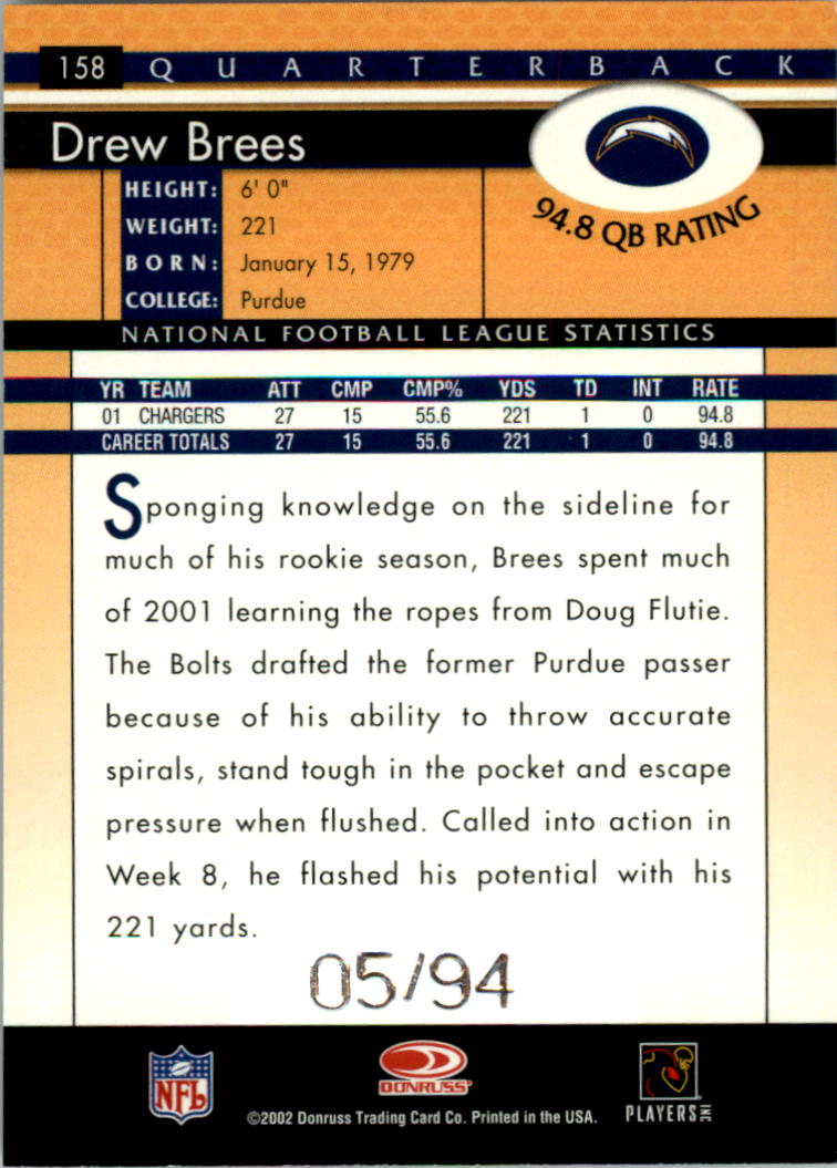 2002 Donruss Stat Line Season #158 Drew Brees/94 back image