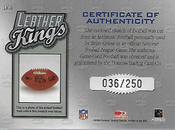 2002 Donruss Leather Kings #LK9 Brian Griese back image