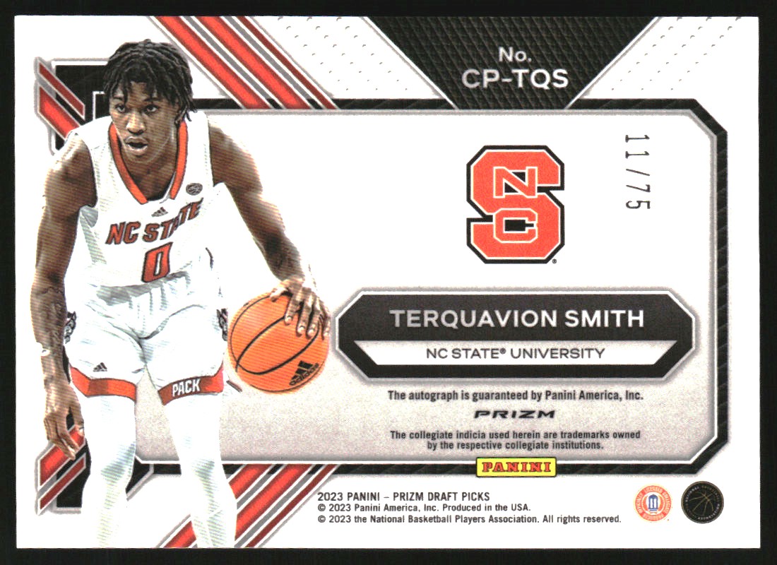 2023-24 Panini Prizm Draft Picks College Penmanship Signatures Prizms Blue Ice #30 Terquavion Smith/75