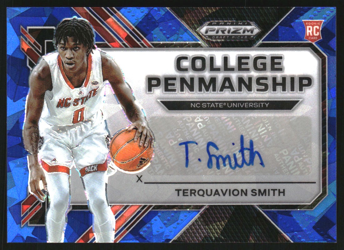 2023-24 Panini Prizm Draft Picks College Penmanship Signatures Prizms Blue Ice #30 Terquavion Smith/75