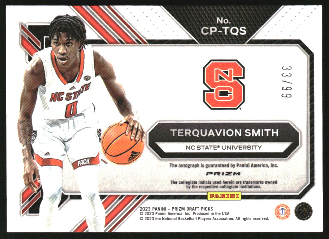 2023-24 Panini Prizm Draft Picks College Penmanship Signatures Prizms Purple Ice #30 Terquavion Smith/99