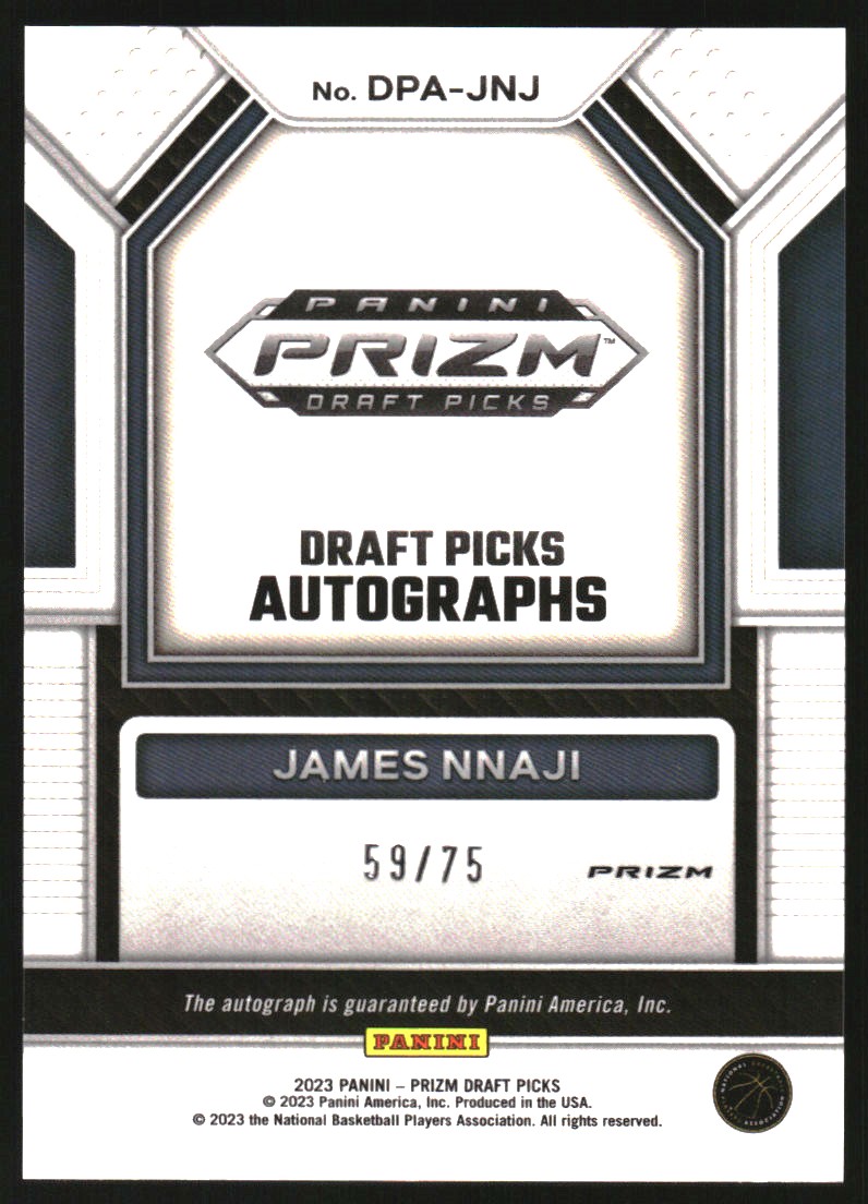 2023-24 Panini Prizm Draft Picks Autographs Prizms Blue Ice #11 James Nnaji/75