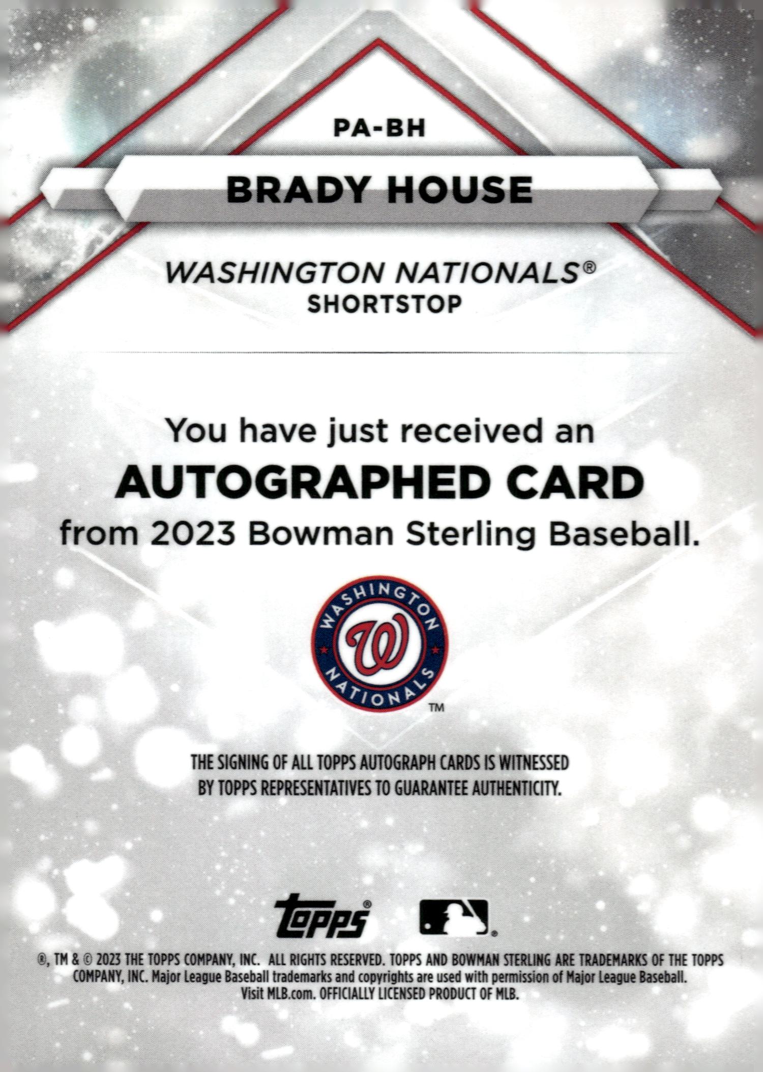 2023 Bowman Sterling Prospect Autographs #PABH Brady House back image