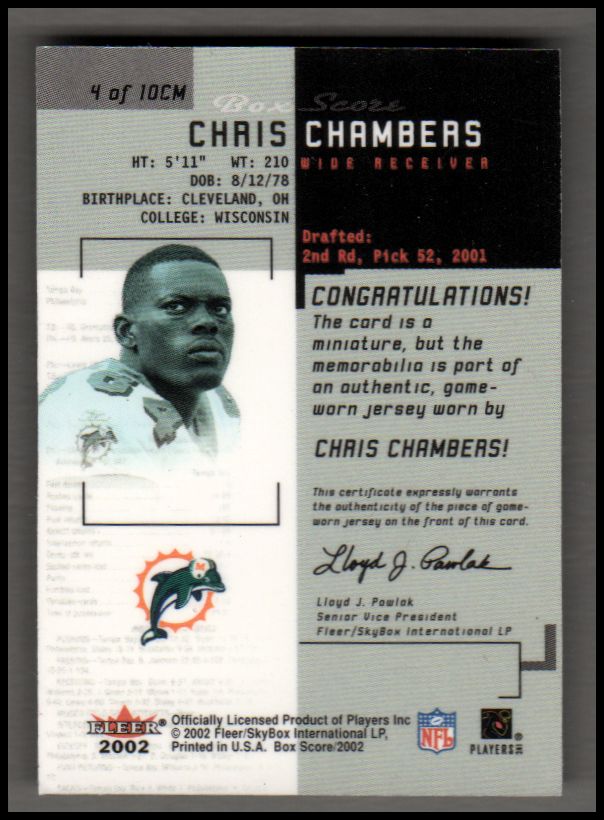2002 Fleer Box Score Classic Miniatures Jerseys #6 Chris Chambers back image