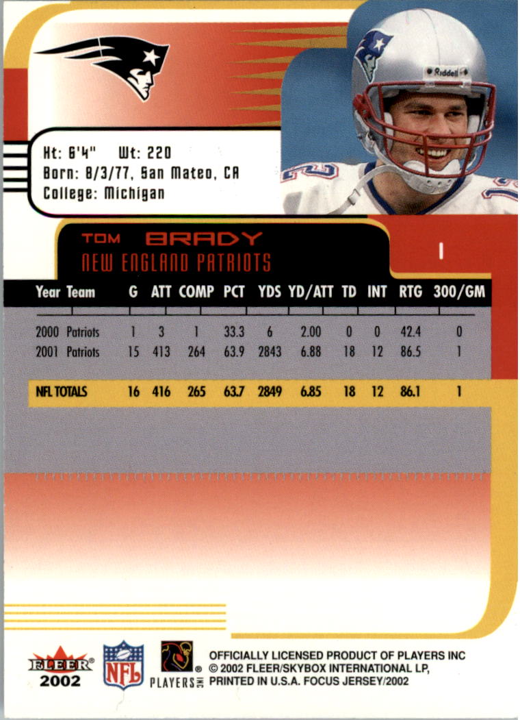 2002 Fleer Focus JE #1 Tom Brady back image