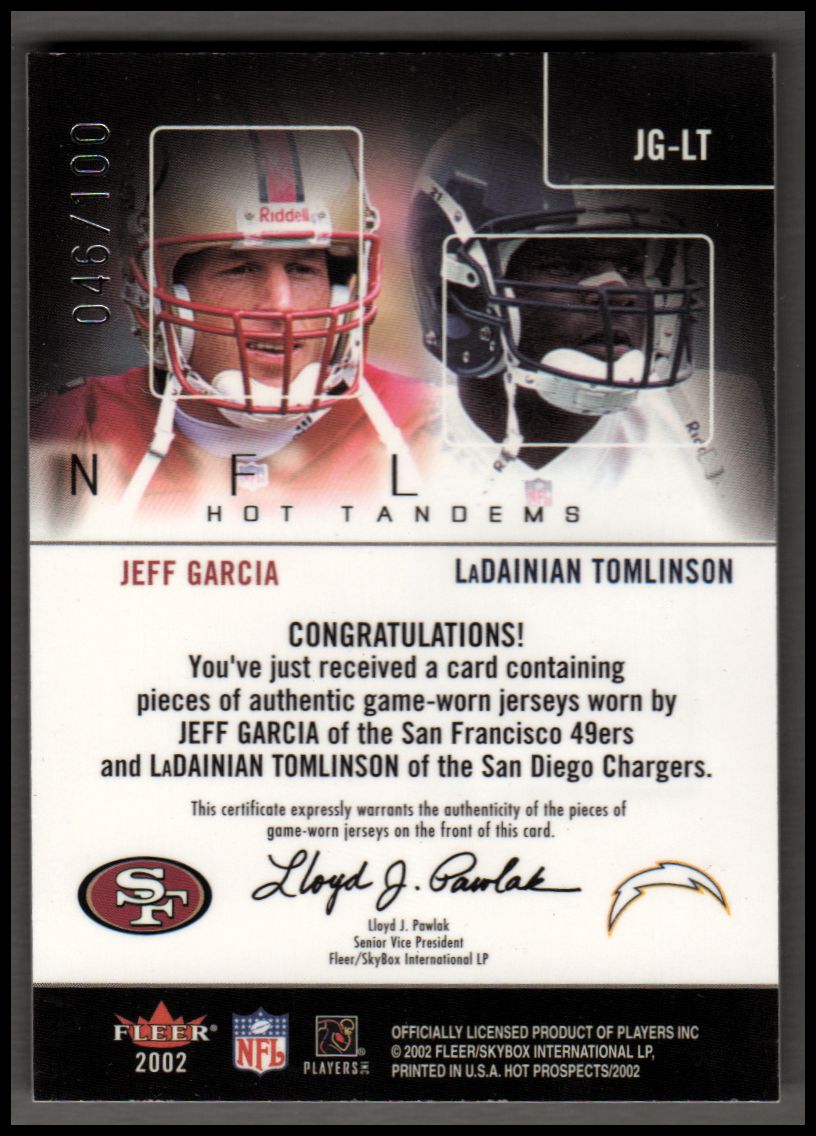 2002 Hot Prospects Hot Tandems Memorabilia #JGLT Jeff Garcia/LaDainian Tomlinson back image