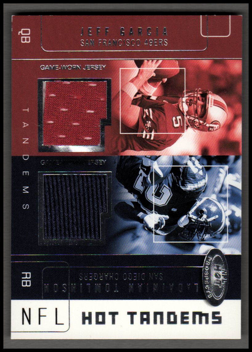 2002 Hot Prospects Hot Tandems Memorabilia #JGLT Jeff Garcia/LaDainian Tomlinson