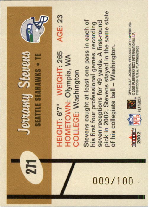 2002 Fleer Platinum Finish #271 Jerramy Stevens