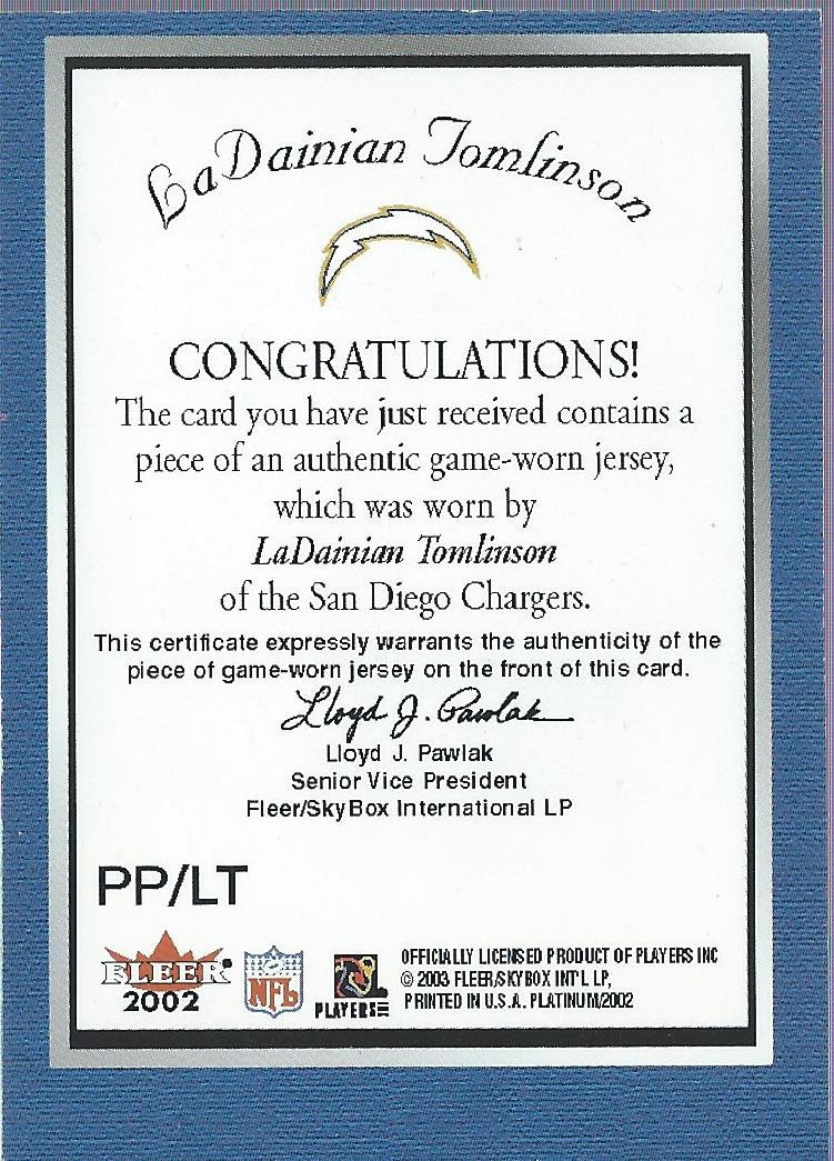 2002 Fleer Platinum Portraits Memorabilia #PPLT LaDainian Tomlinson back image