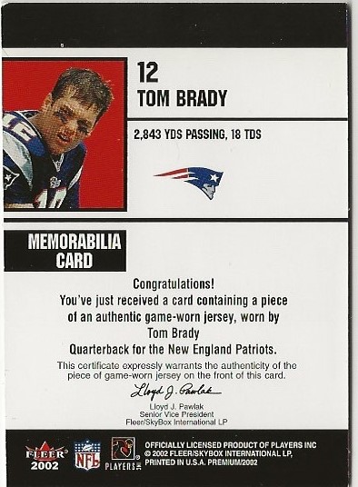 TOM BRADY 2001 NEW ENGLAND PATRIOTS GAME JERSEY SWATCH MYSTERY BOX