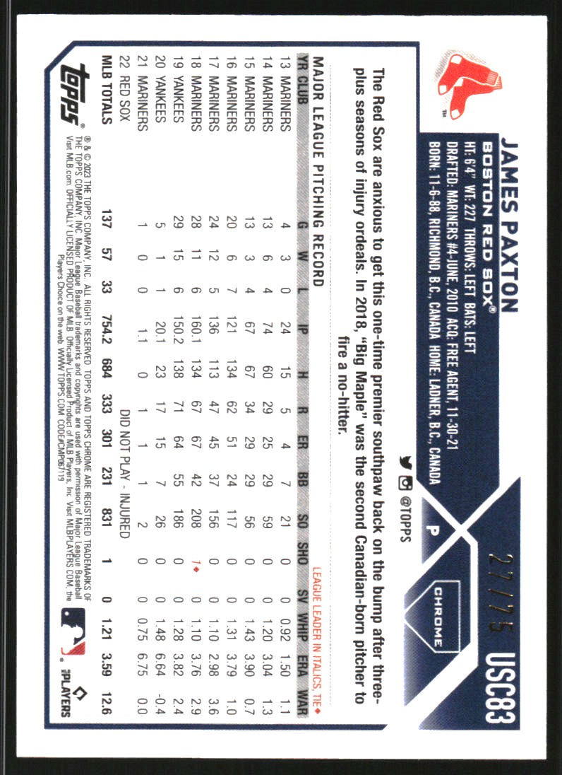 2023 Topps Chrome Update Yellow Mini-Diamond Refractors #USC83 James Paxton