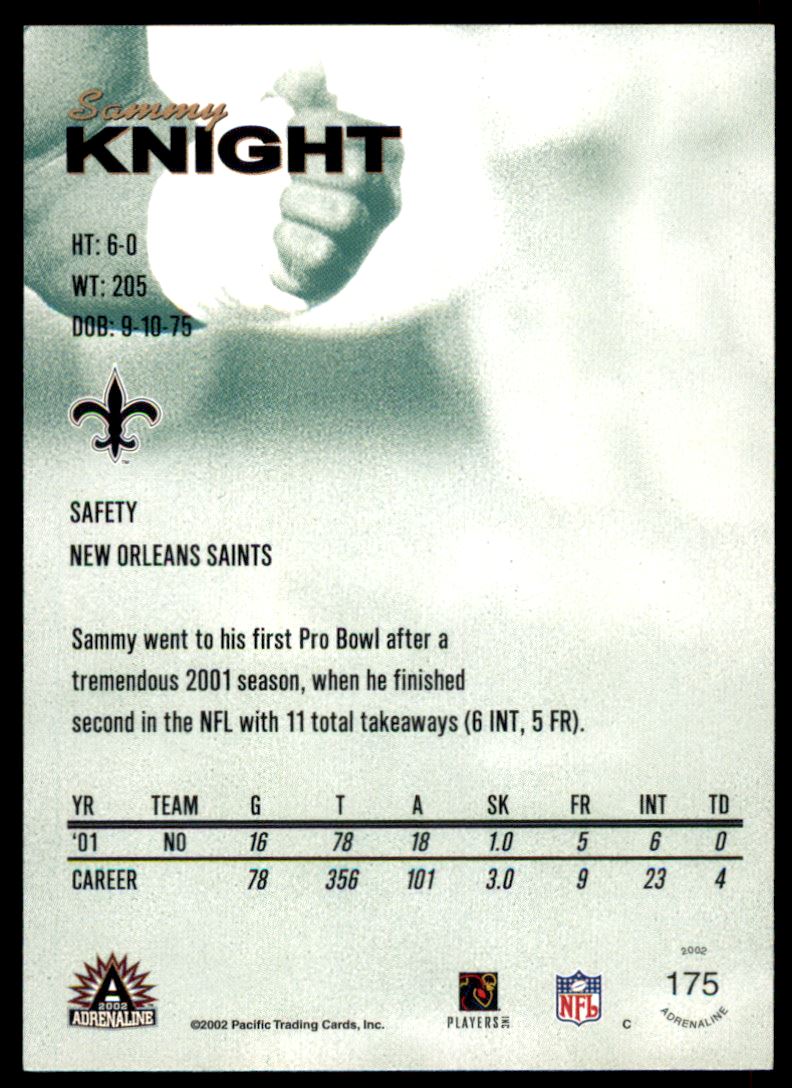 2002 Pacific Adrenaline Pacific Nights #175 Sammy Knight back image