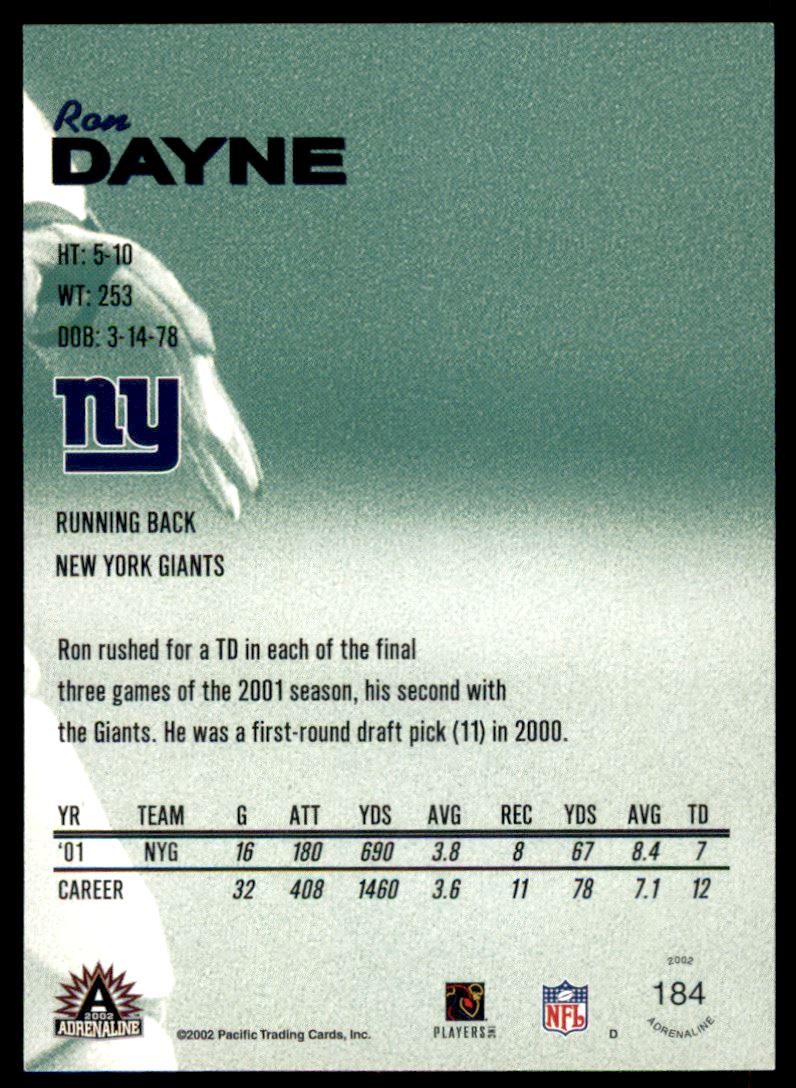 2002 Pacific Adrenaline Pacific Nights #184 Ron Dayne back image