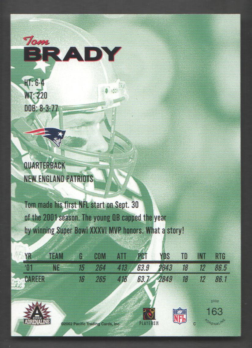 2002 Pacific Adrenaline Red #163 Tom Brady back image
