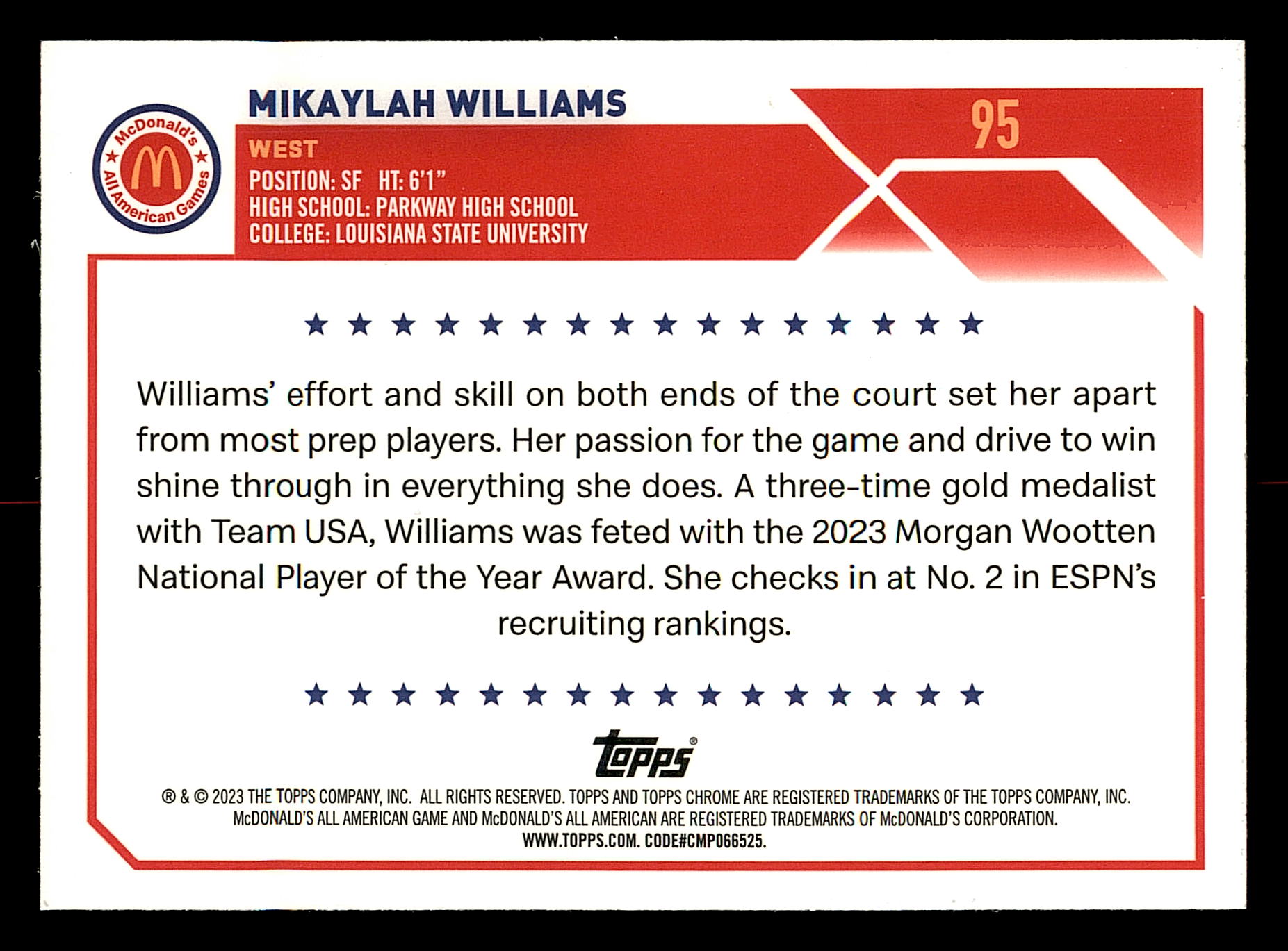 2023 Topps Chrome McDonald's All American RayWave Refractors #95 Mikaylah Williams back image