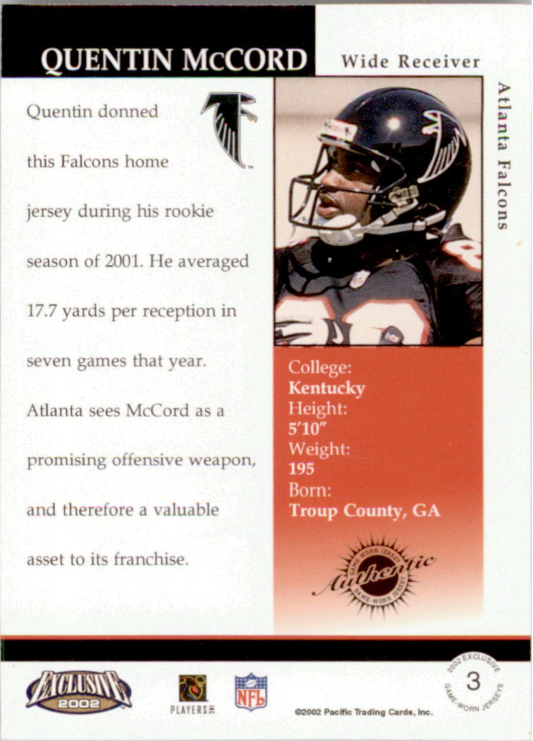 2002 Pacific Exclusive Game Worn Jerseys #3 Quentin McCord back image