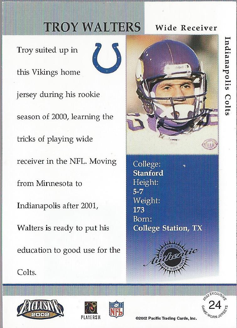 2002 Pacific Exclusive Game Worn Jerseys #24 Troy Walters back image