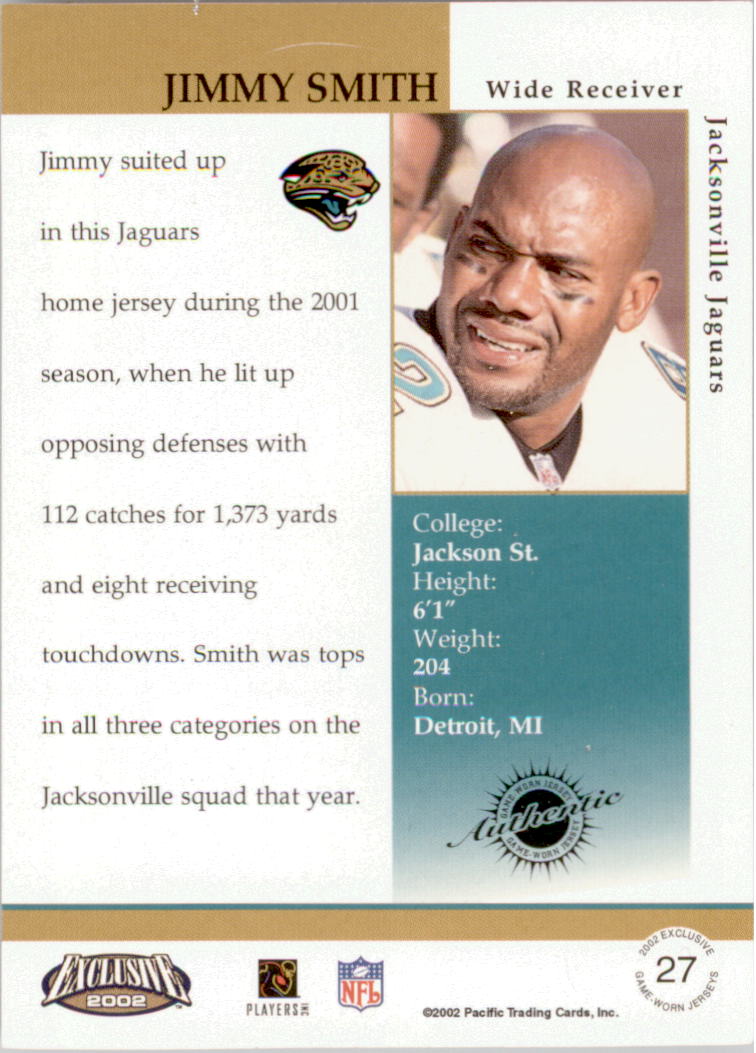 2002 Pacific Exclusive Game Worn Jerseys #27 Jimmy Smith back image