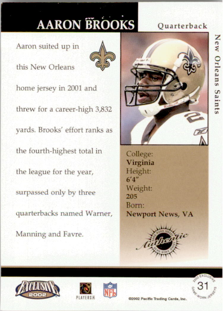 2002 Pacific Exclusive Game Worn Jerseys #31 Aaron Brooks back image