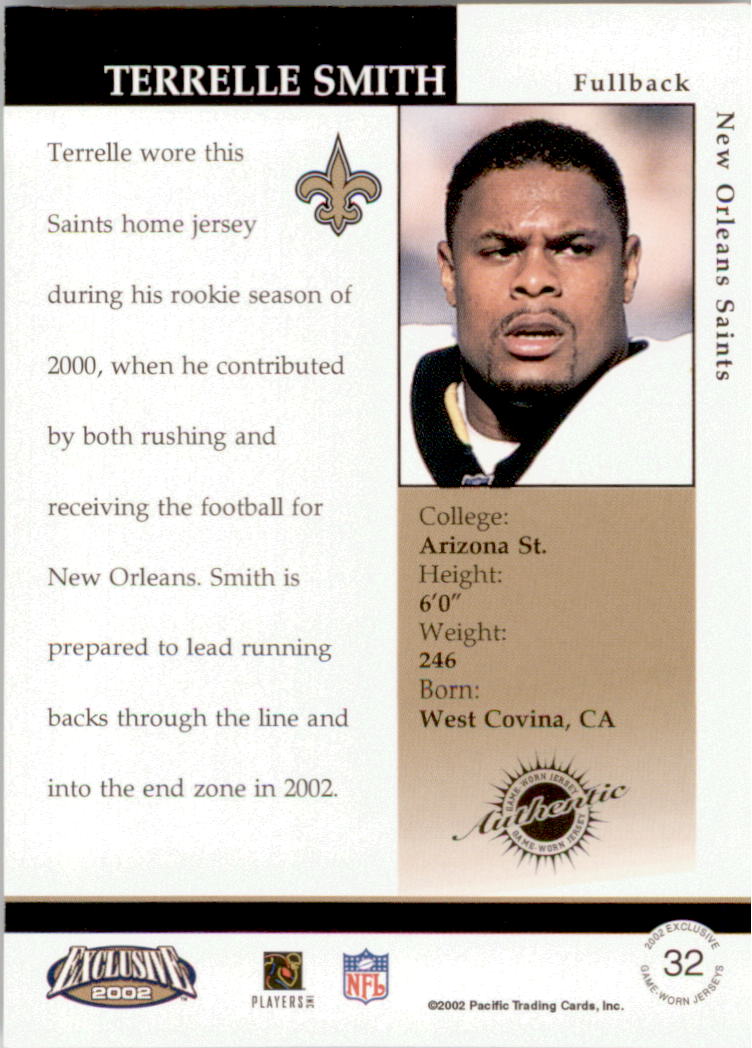 2002 Pacific Exclusive Game Worn Jerseys #32 Terrelle Smith back image