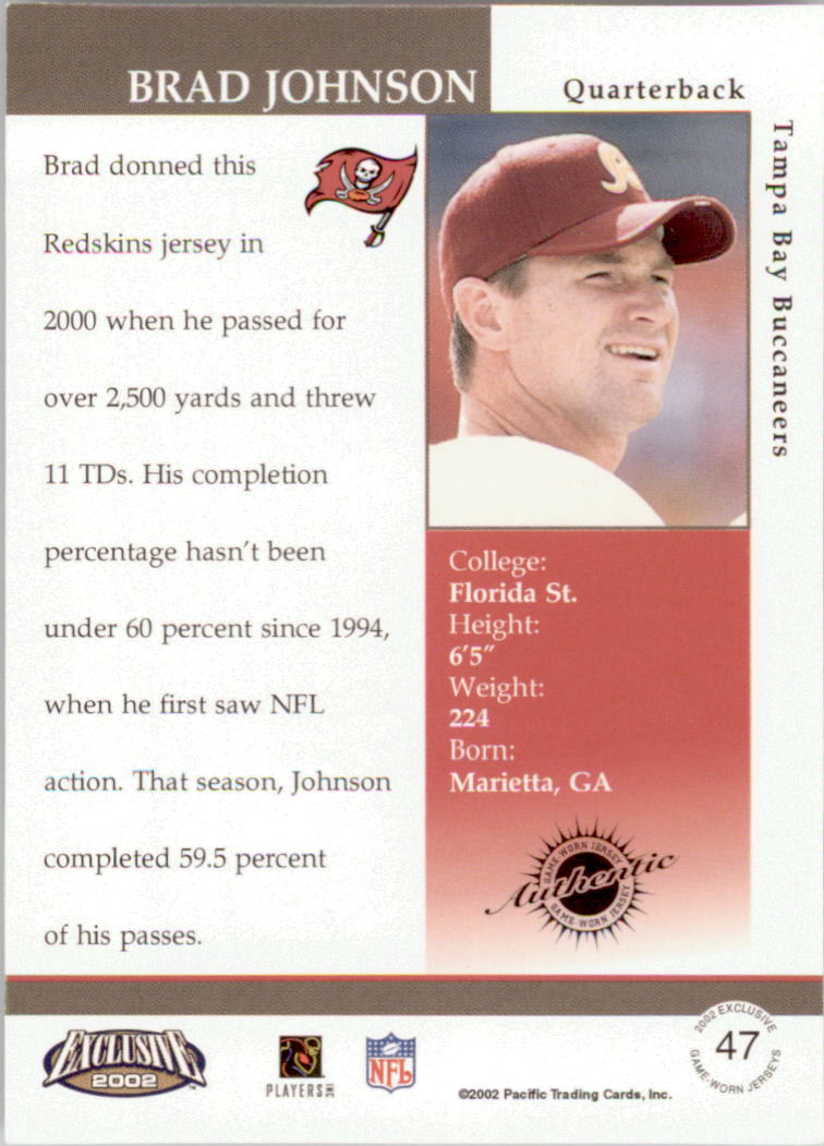 2002 Pacific Exclusive Game Worn Jerseys #47 Brad Johnson back image