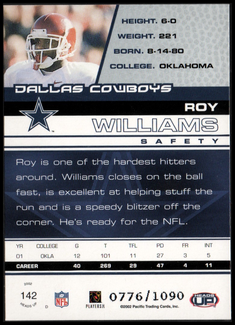 2002 Pacific Heads Up #142 Roy Williams RC back image